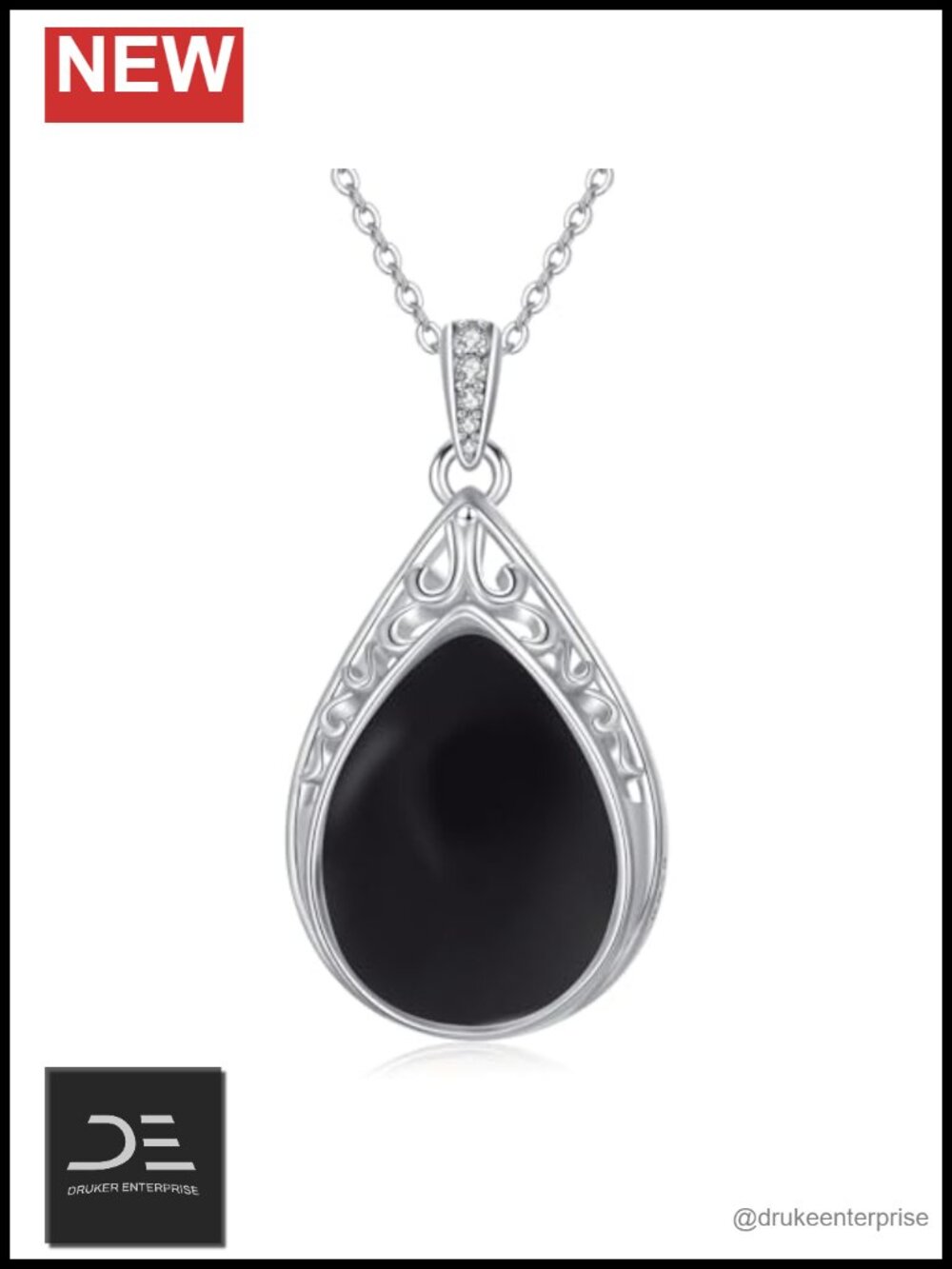 925 Sterling Silver Black Onyx Necklace Teardrop Filigree Pendant Jewelry Gift